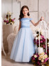 Off Shoulder Sky Blue Lace Tulle Corset Back Flower Girl Dress